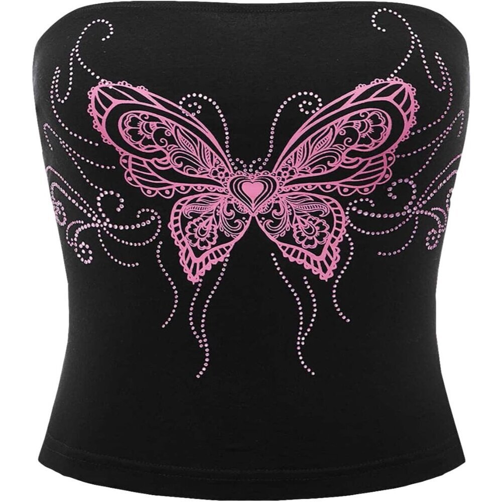 Women's Rhinestone Butterfly Print Y2K Crop Top Sleeveless Slim Fit
